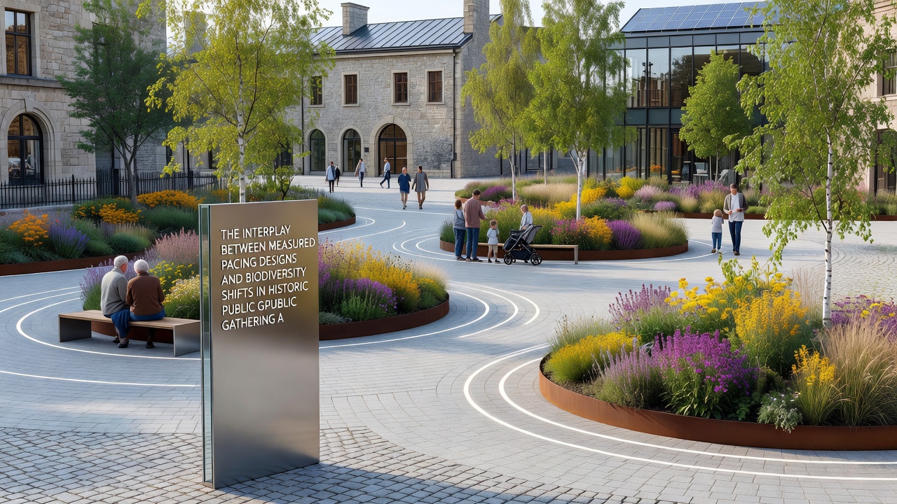 Close view of biodiversity indicators including native plants and insects along a designed pathway in an old city square