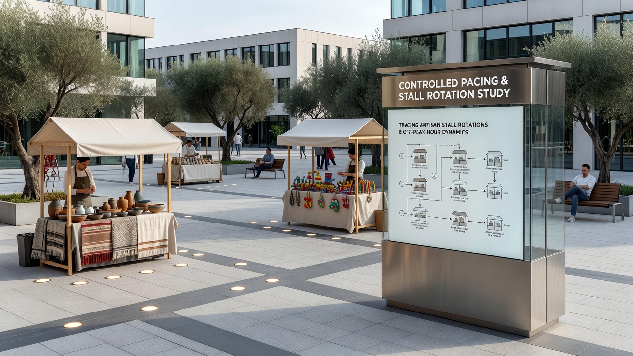 Evening scene in a mid-sized city plaza showing controlled pacing zones with artisan stalls rotating positions and scattered groups of pedestrians moving at measured speeds