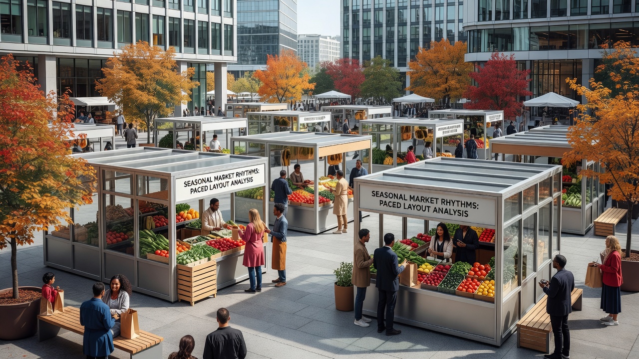 Vendors arranging produce and goods along paced pathways in a city plaza during a busy seasonal market event