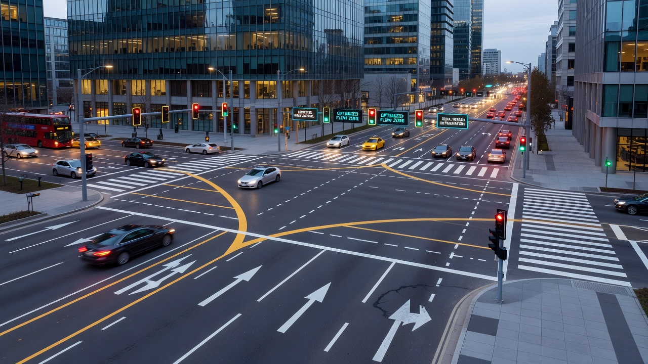 Diagram illustrating intersection designs and road curvature impacts on vehicle flow in urban environments